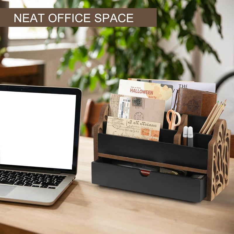 Dhmkfly Desk Organizer with Drawer Wood File Office Mail Organizer Countertop-5 Slot Tabletop Storage Pen Organizer Letter Holder for School Home Office Supplies - Image 5
